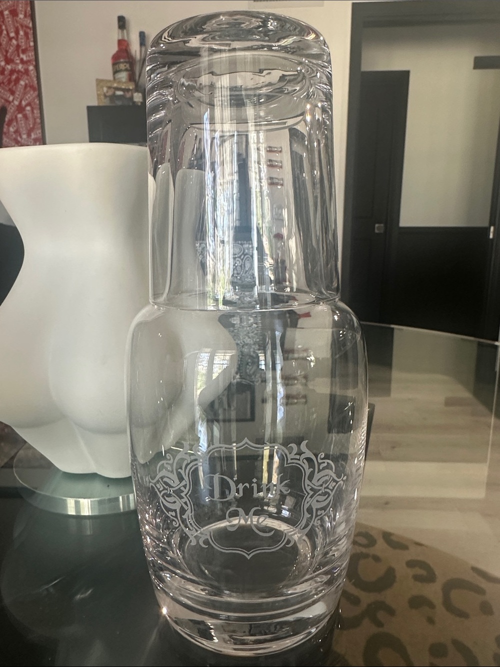 Glass Carafe Decanter with 'Drink Me' Etching Alice in Wonderland